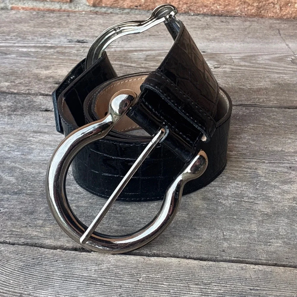 Cache Belt 40' Croc Embossed Patent Leather Wide Black L Horseshoe Buckle 7227